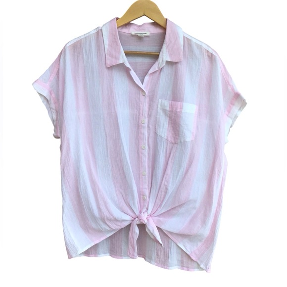 beachlunchlounge Tops - Beachlunchlounge Boho Pink White Striped Tie Front Blouse Size Large